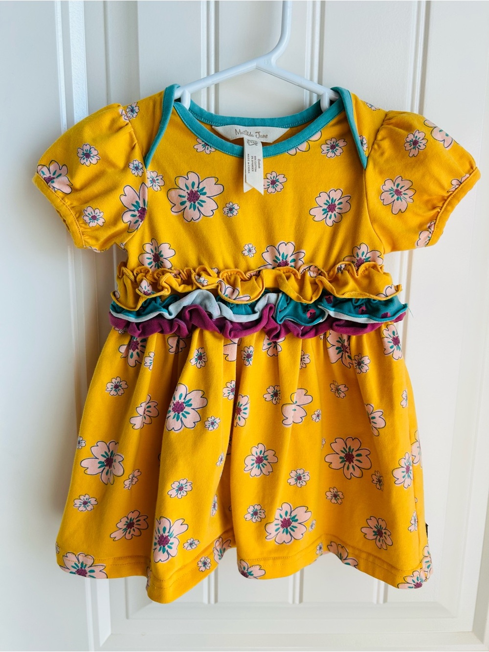 Matilda Jane Yellow Floral Ruffle Dress with Teal & Plum Trim